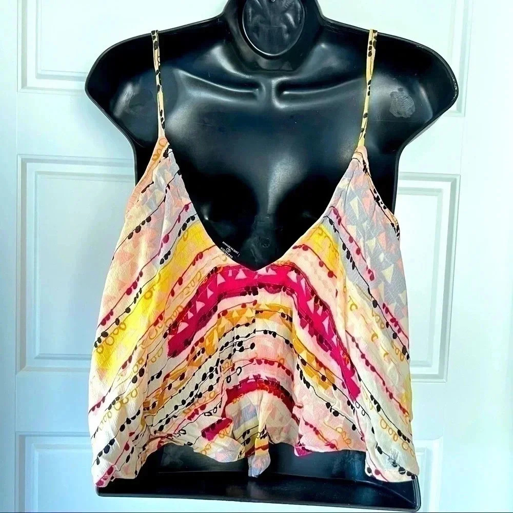 RUFFLE STRAP ORANGE MULTICOLORED V TANK TOP SIZE LARGE
